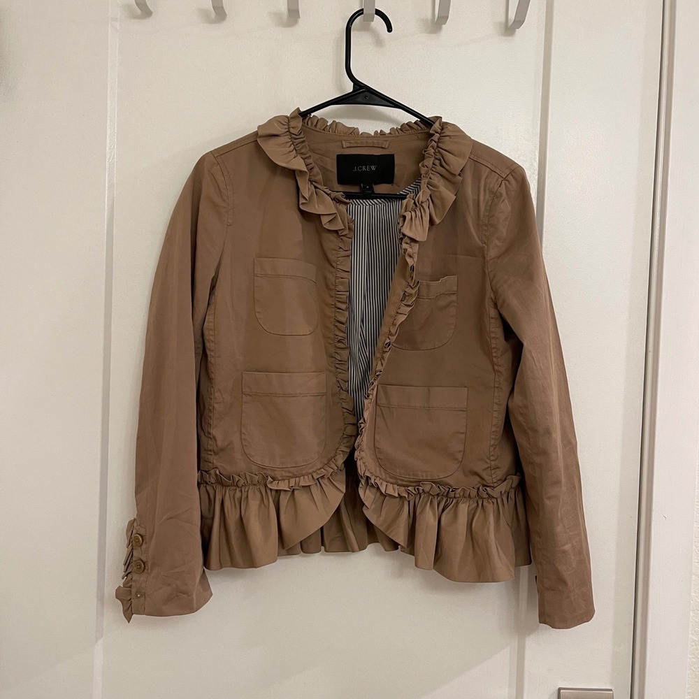J Crew Brown Ruffled Jacket Chic Business Preppy Fall‎ Office Siren Suit Jacket